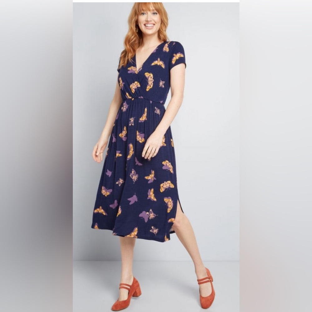 Modcloth Navy and Orange Butterfly Midi Dress